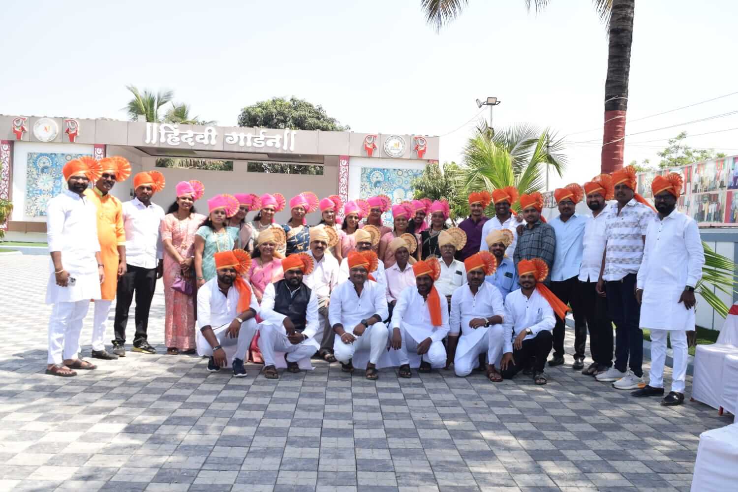 Group celebration at venue entrance